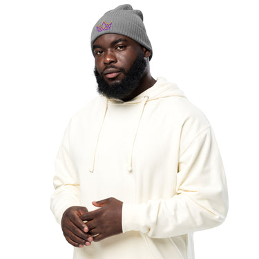 Light grey Royalty beanie – angled front view of stitched crown embroidery